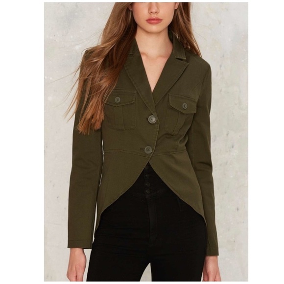 ☘️ Olive Green Twill Battalia Tulip Hem Utility Military Blazer Jacket - Picture 1 of 7